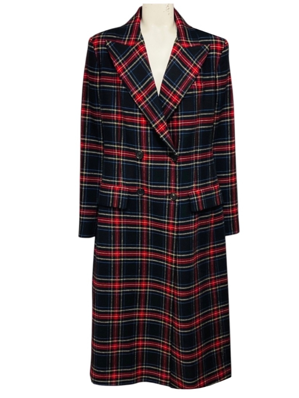 ERMANNO SCERVINO BLACK / RED / BLUE MULTI PLAID DOUBLE BREASTED MID-LENGTH WOOL